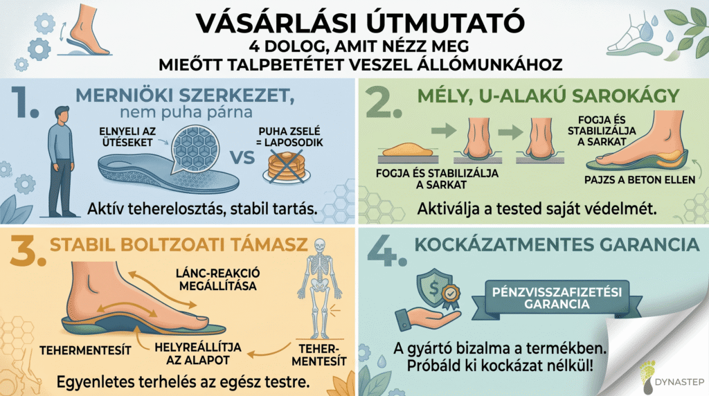 Infografika az állómunkához való talpbetét választás 4 legfontosabb szempontjáról: mérnöki szerkezet, mély sarokágy, boltozati támasz és garancia. Dynastep vásárlási útmutató.