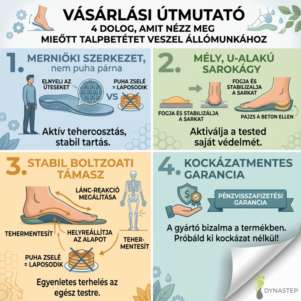 Dynastep infografika: 4 pontos ellenőrzőlista a legjobb munkavédelmi talpbetét kiválasztásához állómunkához.