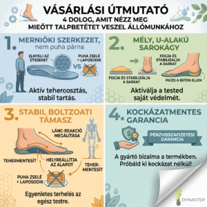 Dynastep infografika: 4 pontos ellenőrzőlista a legjobb munkavédelmi talpbetét kiválasztásához állómunkához.