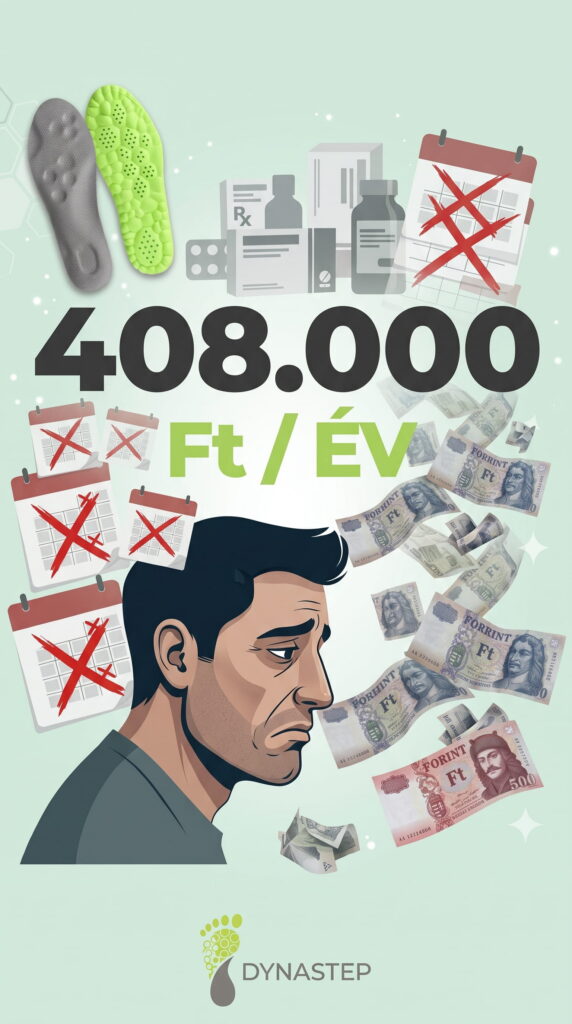 Infografika, ami kiemeli a lábfájás éves költségét: 408.000 Ft, a gyógyszerek és a kiesett túlórák összegét szimbolizálva.