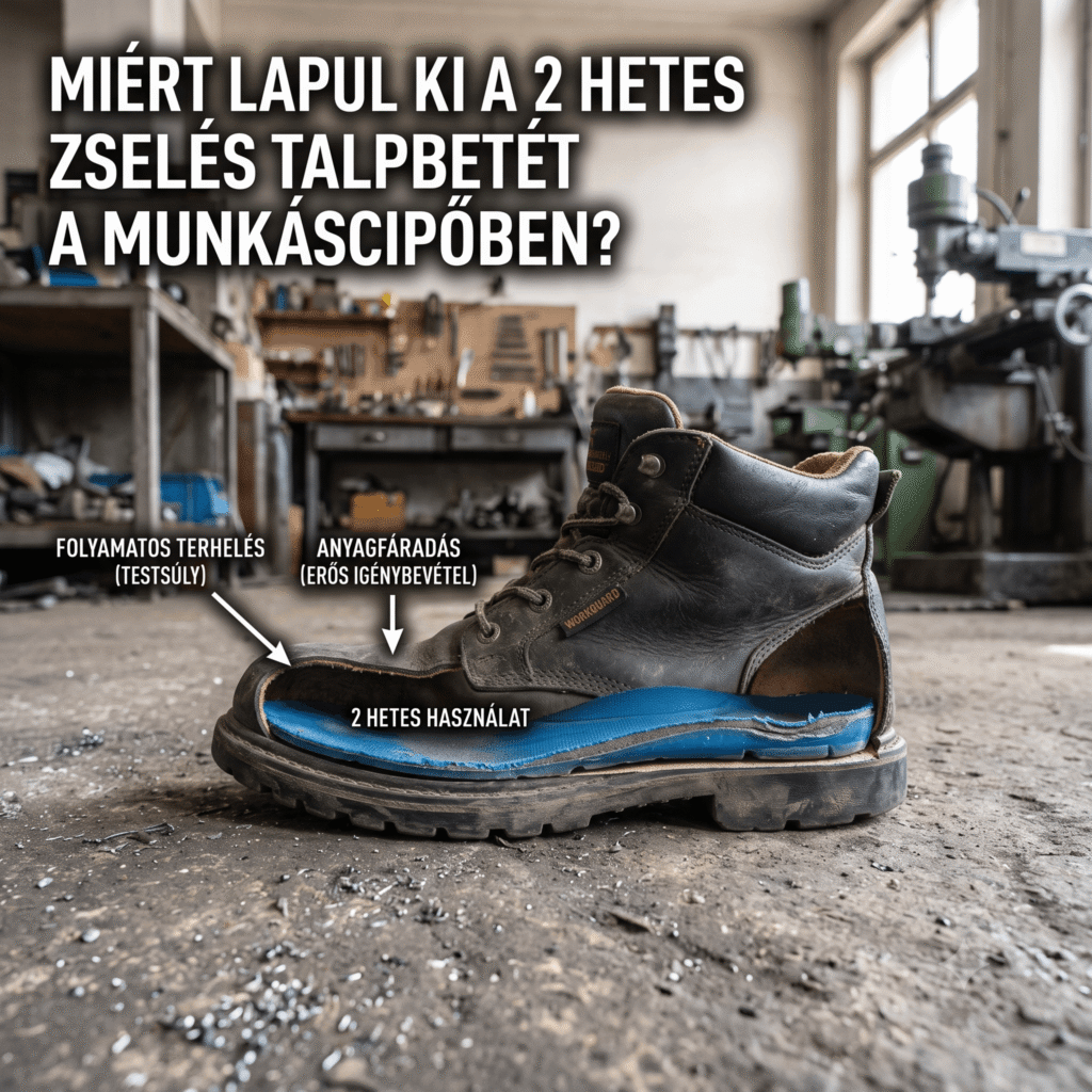 Kettévágott munkavédelmi bakancs és egy méhsejtes szerkezetű talpbetét, ami ábrázolja a zselés betétek kilapulását a műszak alatti terhelés során.