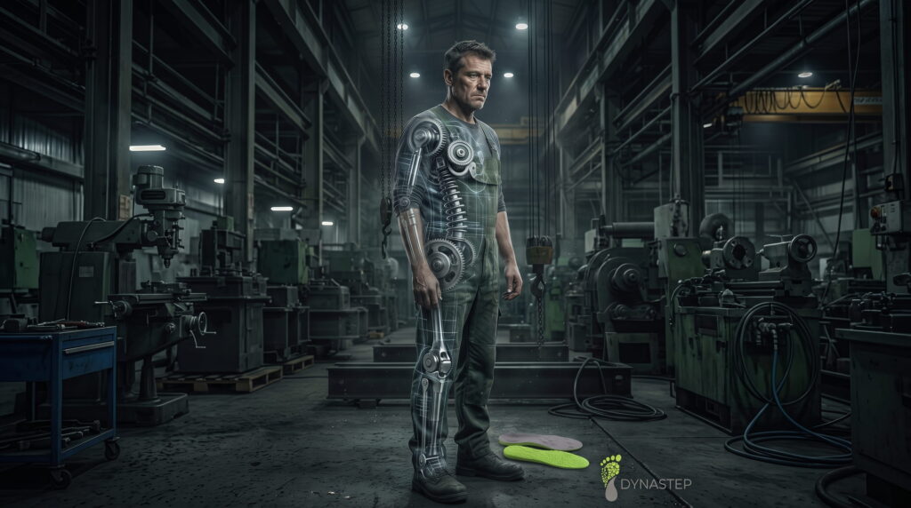 Fizikai munkás áttetsző felsőtesttel, ami alatt mechanikus fogaskerekek látszanak, szimbolizálva a testet mint karbantartást igénylő munkaeszközt.