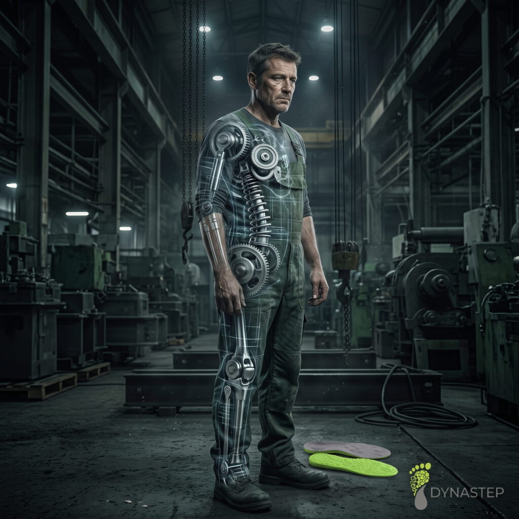 Fizikai munkás áttetsző felsőtesttel, ami alatt mechanikus fogaskerekek látszanak, szimbolizálva a testet mint karbantartást igénylő munkaeszközt.