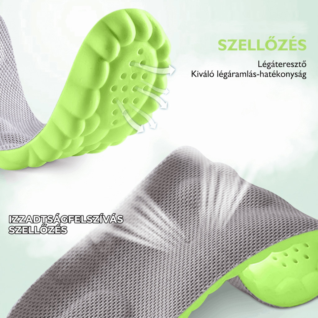 Ultrakönnyű szellőző talpbetét beépített levegőnyílásokkal izzadás ellen.